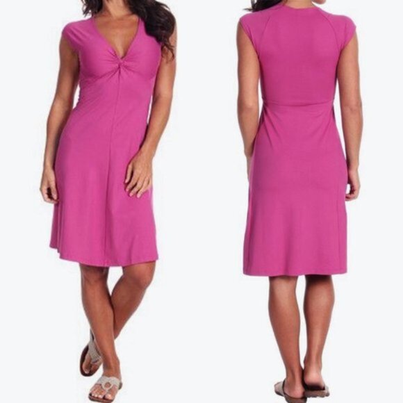 Patagonia Bandha Dress V-Neck Twist Front Short Sleeve Stretch Jersey Fuschia M - Picture 1 of 9